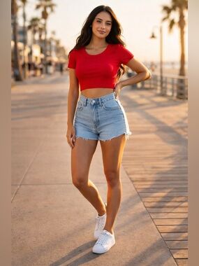 Zenana Red Ribbed Crop Top Short Sleeve Stretch Fitted Tee Women M